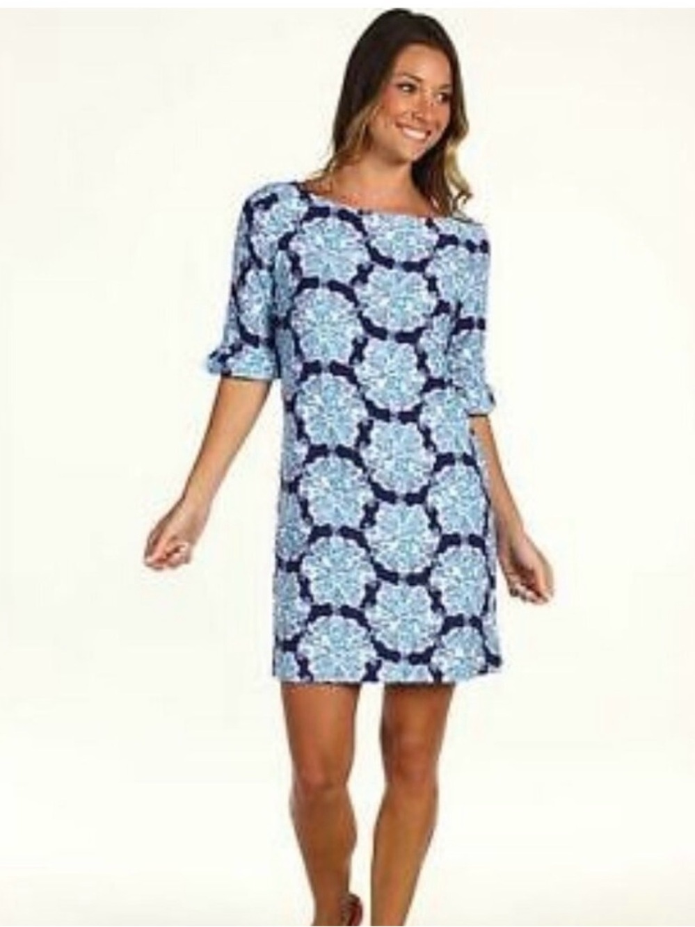 Lilly Pulitzer Navy Blue and White Printed Mini Dress with Teal Accents
